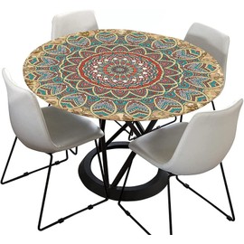 FANSU Round Tablecloth 90 cm, Round Table Cloth Wipe Clean Mandala Elastic Edged Waterproof Polyester Gold Green Table Cover for Outdoor Picnic Garden Kitchen