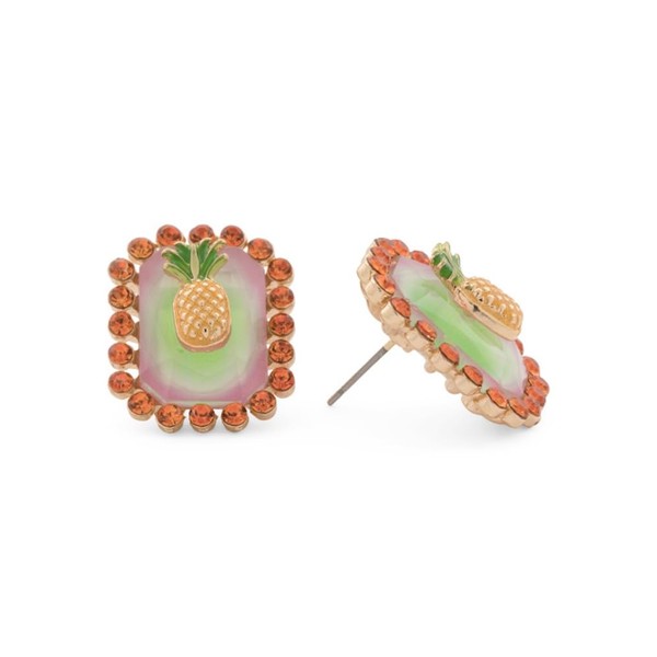 Betsey Johnson Pineapple Stone Stud Earrings, Gold Tone, Glass Stone,