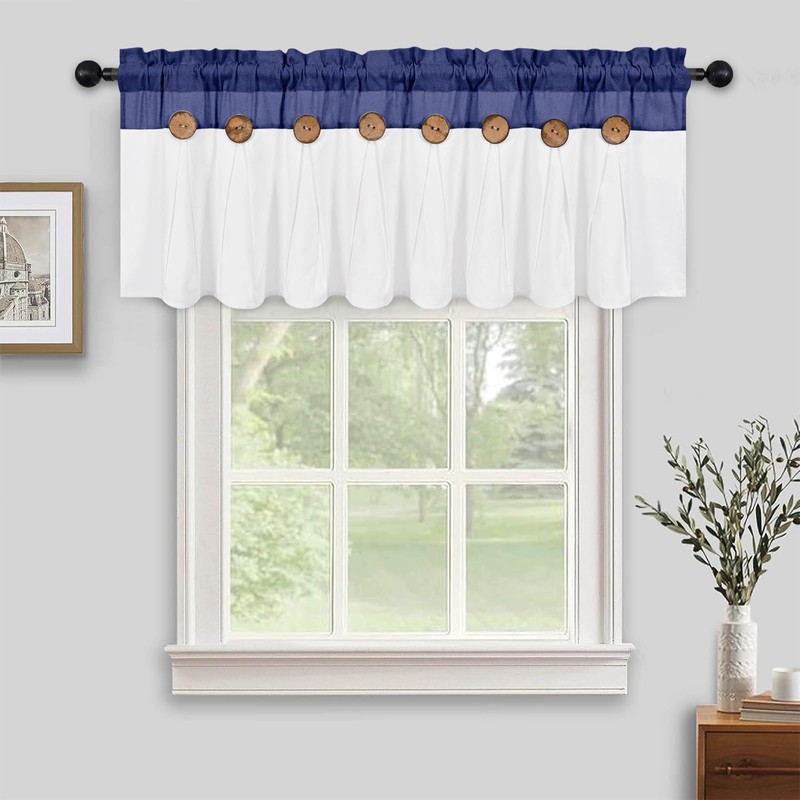 FRAMICS Farmhouse Valance Curtains, Boho Cotton Linen Kitchen Valances, Navy