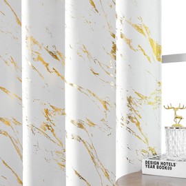WUBODTI Marble White 100% Blackout Curtains 108 Inch Length 2 Panel, Metallic Gold Printed Grommet Thermal Insulated Curtain Abstract Decor Drapes for Bedroom Dining Room Living Room 52" W x 108" L
