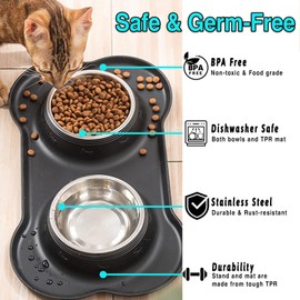 AKEISHE Stainless Steel Cat Bowls Set with Non-Slip Base - Double Cat Food & Water Dish - Spill-Free, Durable & Easy-Clean for Kittens & Adult Cats