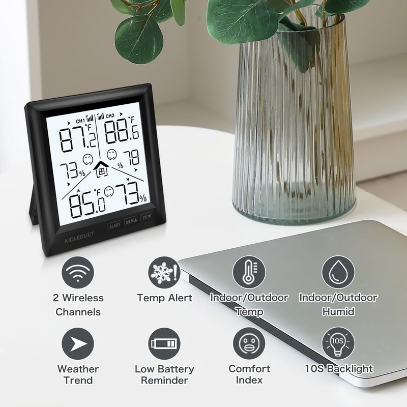 KIDLEDUCT Indoor Outdoor Thermometer Wireless Battery Powered, High Precision Inside