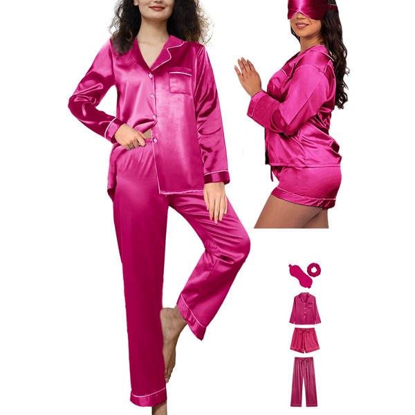 WJing Yi Jia 5Pcs XS-XXL Womens Silk Satin Pajamas Sets
