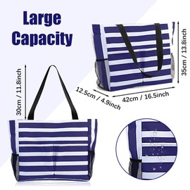 Large Beach Bags, Waterproof Tote Bag, Blue Striped Handbags with Zipper, Shoulder Bag with 10 Pockets, Holiday Essentials Shopping Handbags for Pool, Gym, Picnic, blue