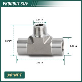 GORAGUCHI 1PCS Forging of 304 Cast Stainless Steel Tee Pipe Fittings, 3/8" NPT Female x Male x Female Pipe Fittings, Male Run Tee for Air/Fuel/Water/Gas/Oil