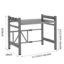 Expandable Microwave Oven Rack, Double Layer Carbon Steel Adjustable Microwave Shelf, Toaster Rack Heavy Duty Stand Kitchen Countertop Organizer, 55 lb Load Bearing, 2 Tier with 6 Hooks (Grey)