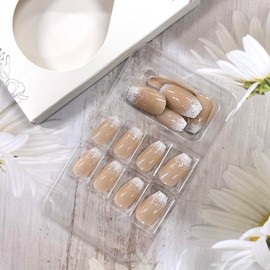 Press on Nails Medium Ballet White Glitter Powder Gradient Stick on Nails Press Ones False Nails Nude French Coffin Acrylic Nails Full Cover Medium Artificial Nails Reusable Glue on Nails for Women