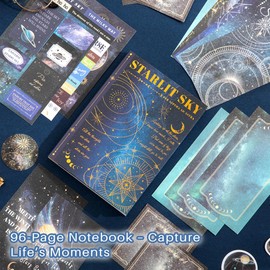 icceemee Scrapbooking Supplies Kit, Blue Starry Sky Scrapbooking Kit for Bullet Junk Journaling, Stationery, A6 Grid Notebook, Floral DIY Note-Taking Supplies, Birthday Craft Gift for Teen Girls