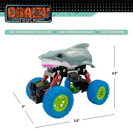 Crazy Trucks: Friction-Powered Toy Shark Truck That Moves Every Which Way, No Batteries Needed, Just Push and Go, Big Wheeled Toddler Trucks Made of Durable ABS Plastic