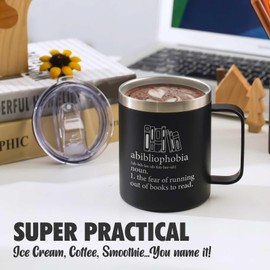 Onebttl Book Lovers Gifts For Women, Men - Abibliophobia - 12 oz /350 ml Insulated Mugs - Reading Gift for Book Worm, Librarians, Readers - (Black)
