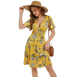 DinyIn Yellow Summer Dresses for Women 2025 Vacation Casual V-Neck Wrap Sundress Knee Length Graduation Dress,Large