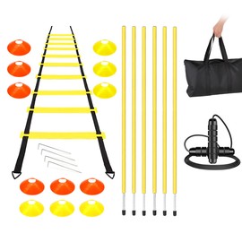 Ahomie Agility Speed Training Equipment Set, 20ft Speed Ladder, 6 Coaching Sticks Poles, 12 Soccer Cones, Jump Rope, Soccer Football Basketball Sport Training Set