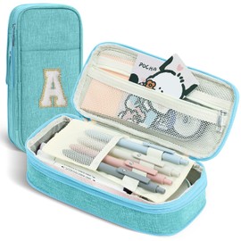 GIFTOXO Preppy Pencil Case for School Supplies, Large Initial Pencil Pouch with Zipper, Cute Pencil Bag for Office Supplies, Aesthetic Pen Case Box for Kids Teen Girls Adults - A(Blue)