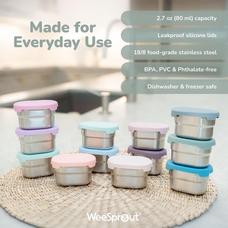 WeeSprout Stainless Steel Dip Containers with Leakproof Silicone Lids -