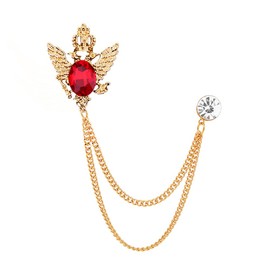 Vintage Crown Gemstone Long Chain Brooch Pin,Animal Double Headed Eagle Tassel Suit Pin Rhinestone Wings Lapel Pin Jewelry for Women Men (Red)