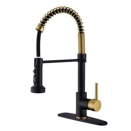 Pirooso Commercial Single Handle Spring Kitchen Sink Faucet, Lead Solid Brass Kitchen Faucet with Three Function Pull Down Sprayhead, Black + Gold Brushed Nickel