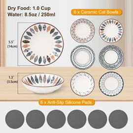 Small Ceramic Cat Food Bowl - Wide Shallow Cat Bowl with Non-Slip Mat - Whisker Friendly Cat Feeding Bowls - Japanese Style Cute Cat Dish - Cat Plates - Dishwasher Safe - Set of 6-8.5 oz（5.75 inch）