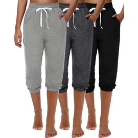 Ficerd 3 Pcs Women's Capri Sweatpants Joggers Casual Sports Cropped Lounge Pants High Waisted Athletic with Pockets (Black, Dark Grey, Light Grey,Large)
