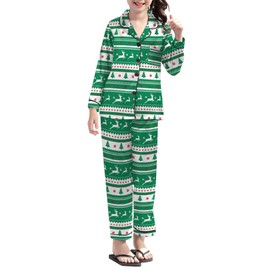 Umeyda Womens Girls Silk Satin Pajamas Set Fashion Print Button Down Shirt Matching Pants Loungewear, Christmas Green, Large