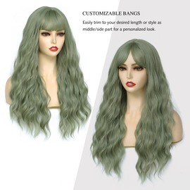 Yamel Long Wigs for Women with Fringe 24 inch Adjustable Curly Wavy Synthetic Hair Wig Cosplay Daily Use Haze Green Wigs