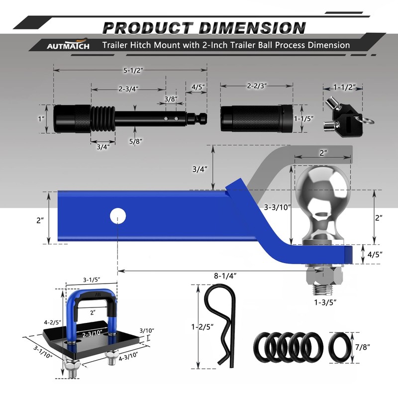 AUTMATCH Trailer Hitch Ball Mount with 2 Inch Hitch Ball