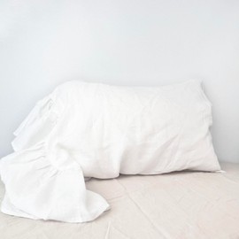 ESASILK Ruffles Linen Pillowcase. Pure Flax Pillow Sham 100% French Linen Ruffled Pillow Cover, Standard, Queen, King Size 1 PCS (Twin, White)