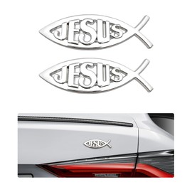 DXNQ 2PCS Jesus Fish Decal Sticker, 3D Car Decal Jesus Christian Fish Symbol Chrome Emblem, Faith Fish Stickers Religious Metal Badge Auto Decor for Truck Motorcycle Fridge (Silver)