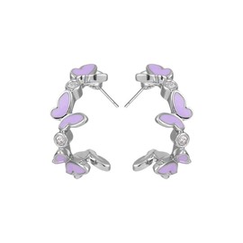 Kokoma Purple Enamel Butterfly Earrings for Women Cubic Zirconia C Shaped Butterfly Stud Earrings Open Hoops Statement Studs Dainty Ear Jewelry Christmas