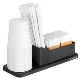 Navaris Small Coffee Station Organiser - Tea and Coffee Condiment Supplies Holder with Stacking Cup Storage - for Kitchen or Office Break Room - Black