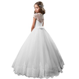 Flower Girl Dress Kids Lace Beaded Pageant Ball Gowns (Size 6, White)