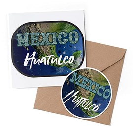 1 x Greeting Card & 10 cm Round Sticker Set - Huatulco Resort Mexico Map - Birthday Thank You Friend Lover Fan Mum Dad Kids #60399