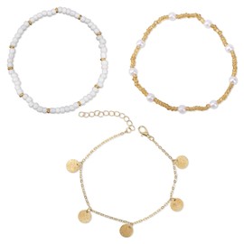 3 x Anklet with Beads for Women, Adjustable Bohemian Anklet with Beads and Sparkling Accents, Foot Jewellery Accessories for the Summer Beach