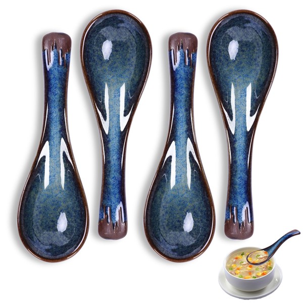 4 Pcs Chinese Soup Spoons, Japanese Style Ramen Spoons Set Blue Ceramic Spoons Retro Porcelain Spoon Asian Tableware for Rice Wonton Pho Soup Dumplings Miso Noodles