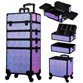 Stagiant Rolling Makeup Case Cosmetology Case on Wheels 4 in 1 Makeup Travel Case Extra Large Cosmetic Box with Key Make Up Artist Traveling Storage Nail Case Salon Barber Cart Trunk Shiny Purple