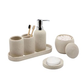 Bathroom Counter Vanity Accessories Set, Bathroom Toothbrush Holder Set, Bathroom Accessories Countertop, Soap Dish, Lotion Dispenser, Toothbrush Holder and Cup, Vanity Tray, Qtip Holder, 6PCS, Beige
