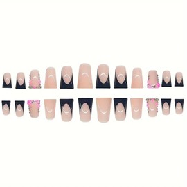 FIEONCIY Press on Nails Duck Shaped Glossy Full Cover Acrylic French False Nails with Designs Artificial Medium Duck Fake Nails with Charms Glue ons Fingernails for Women Girls(C145)