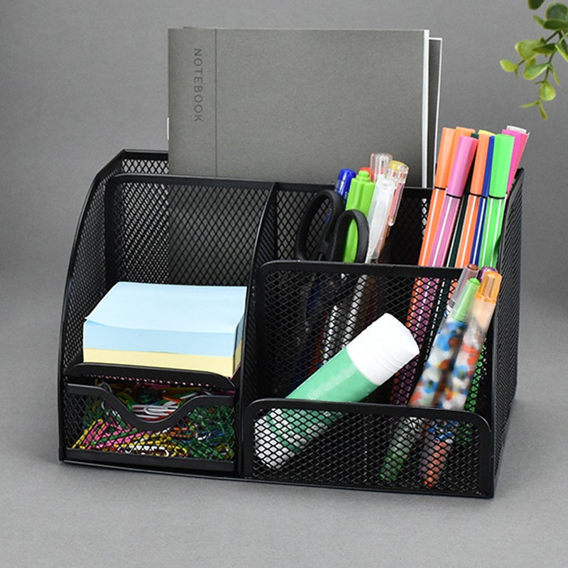 Mesh Office Desktop Organizer Multifunctional Metal 7 Compartments Pen Holder