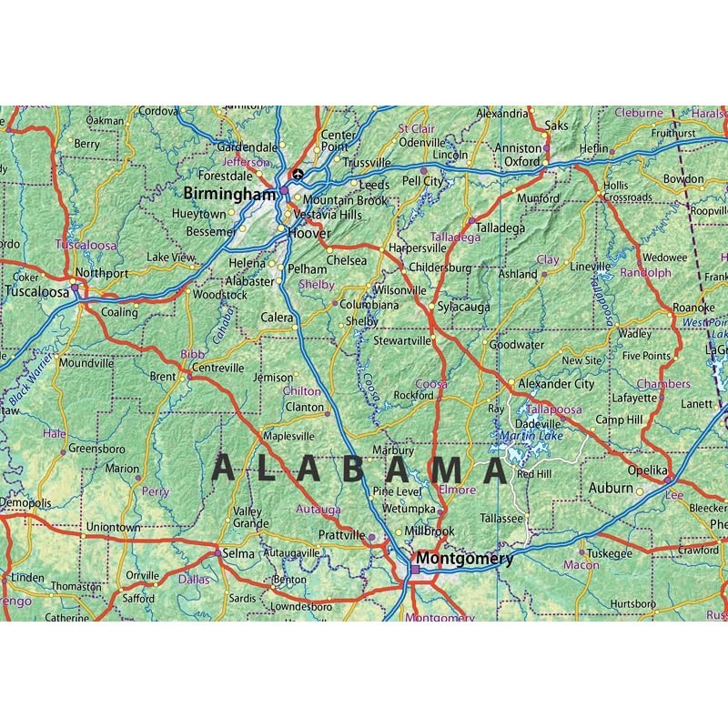 Tennessee, Alabama and Georgia Physical Map - 23.3 x 16.5