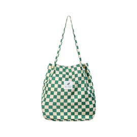 TeeYee Women's Handbag Corduroy Shopper Cord Tote Bag for Books Travel Everyday School Work Shopping Bag for Girls Green Check