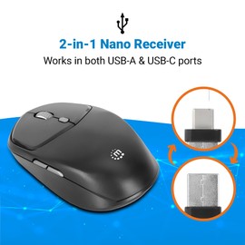 MANHATTAN Wireless Compact Travel Mouse – 2.4 GHz RF, 800/1200/1600 dpi, Six Buttons with Scroll Wheel, USB-A & USB-C 2-in-1 Receiver Dongle – for Laptop, Computer, PC -3 Yr Mfg Warranty–190244