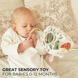 Soft Toy Block with Wooden Ring for Babies 0-3 and 0-6 Months - The Perfect High Contrast Activity Cube & Teething Toy with Tummy Time Mirror for Newborns - A Fun Sensory & Development Toy for Infants