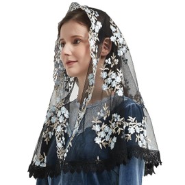 YuRongsxt Chapel Veils Catholic Mass Black Embroidered Veil Cherry Blossom Style Church Veil M8 (Marian Blue+Black)