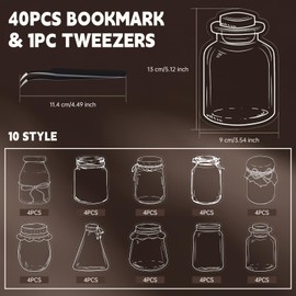 Pack of 40 Transparent DIY Dried Flower Bookmarks, Plant Samples Wish Bottles Bookmarks, Clear Glassware Stickers, Bookmark with Tweezers, DIY Homemade Flowers Bookmark for Children Crafts