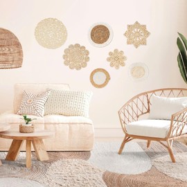 7PCS Boho Wall Decor, Wall Baskets Set, Seagrass Rattan Wicker Basket, Round Handmade Hanging Wall Basket Decor Boho Decor Wall Art for Farmhouse Living Room Bedroom Display Table Kitchen Home