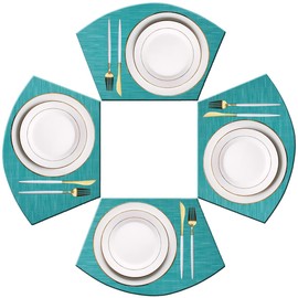 PIGCHCY Wedge Shaped Placemats for Dining Table Cross-Weave Washable Vinyl Placemat Heat Resistant Round Table Mats Set of 4 (Teal Blue)