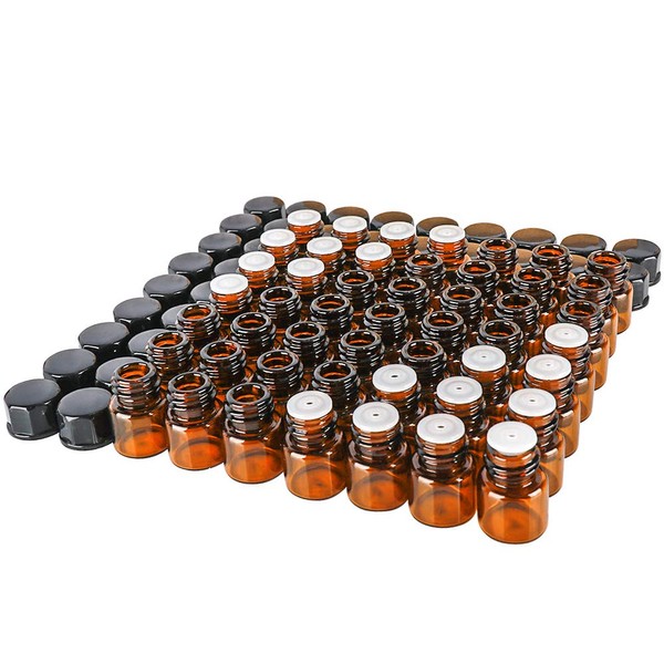 50 pack 1 ml 1/4 Dram Mini Amber Glass Essential Oils Sample Bottles with Black Caps for Essential Oils,Chemistry Lab Chemicals,Colognes & Perfumes.3 plastic droppers as gift.