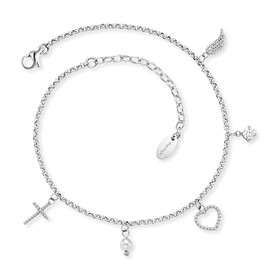 Engelsrufer Women's Anklet Made of Sterling Silver with Cubic Zirconia, Pearl and Pendant, Lobster Clasp, Adjustable Length, Nickel-Free, Size: 22 + 5 cm, Sterling Silver, Cubic Zirconia