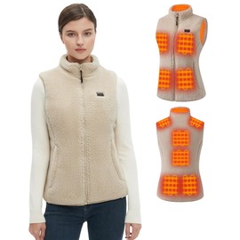 khaki Fuzzy Heated Vest for Women with 16000mAh 7.4V Battery Pack Included, Sherpa Heated Vest Women, Fleece Heating Vests-M