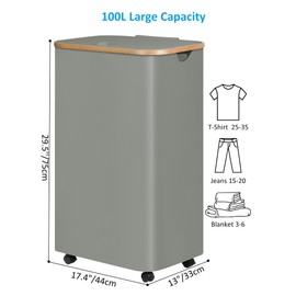 efluky Laundry Basket with Wheels, Tall Rolling Laundry Hamper with Lid and Removable Bag, Aesthetic Dirty Clothes Hamper on Wheels for Laundry Room, Bedroom, Dorm and Bathroom, 100L Grey