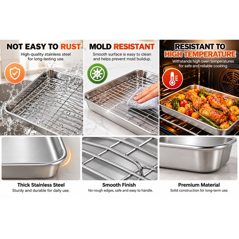 Stainless Steel Baking Pan with Wire Rack for Oven Cooking